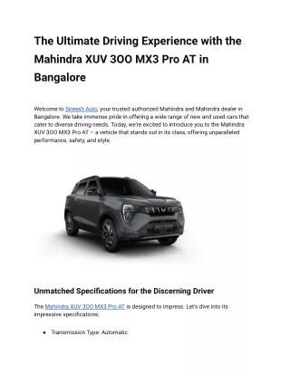 The Ultimate Driving Experience with the Mahindra XUV 3OO MX3 Pro AT in Bangalore