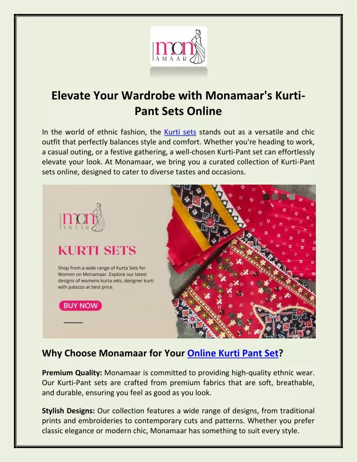 elevate your wardrobe with monamaar s kurti pant