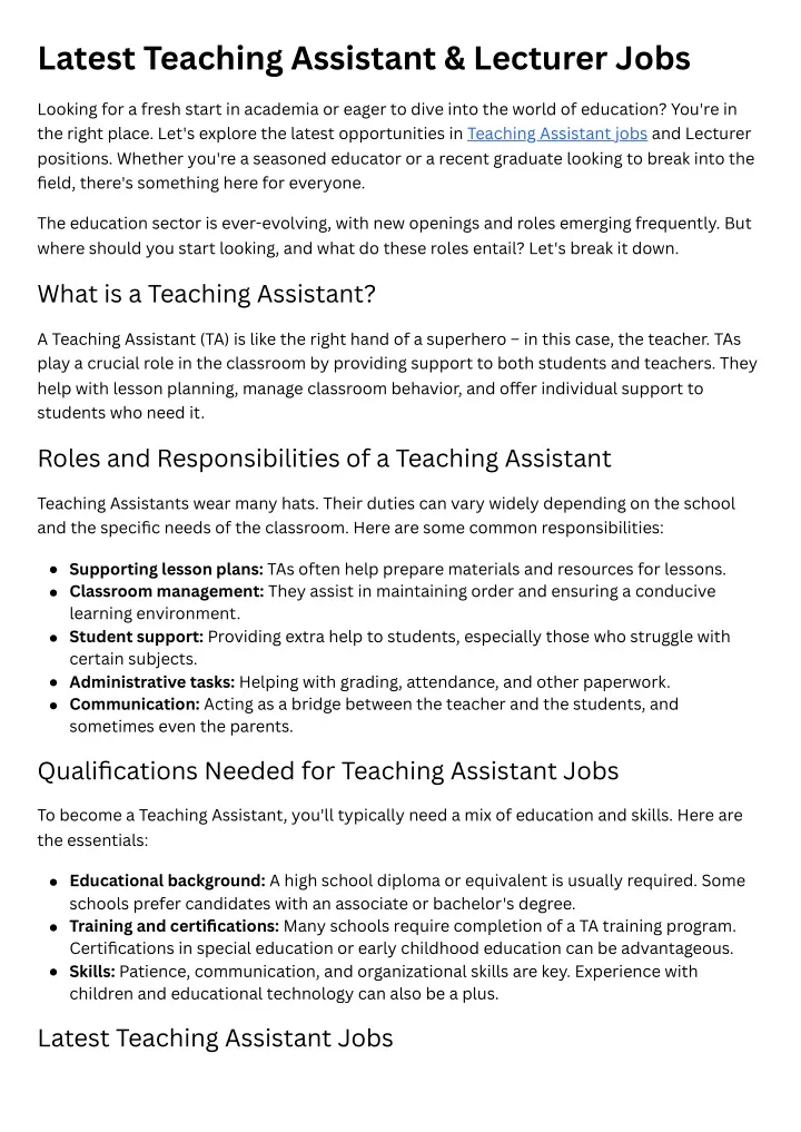 latest teaching assistant lecturer jobs