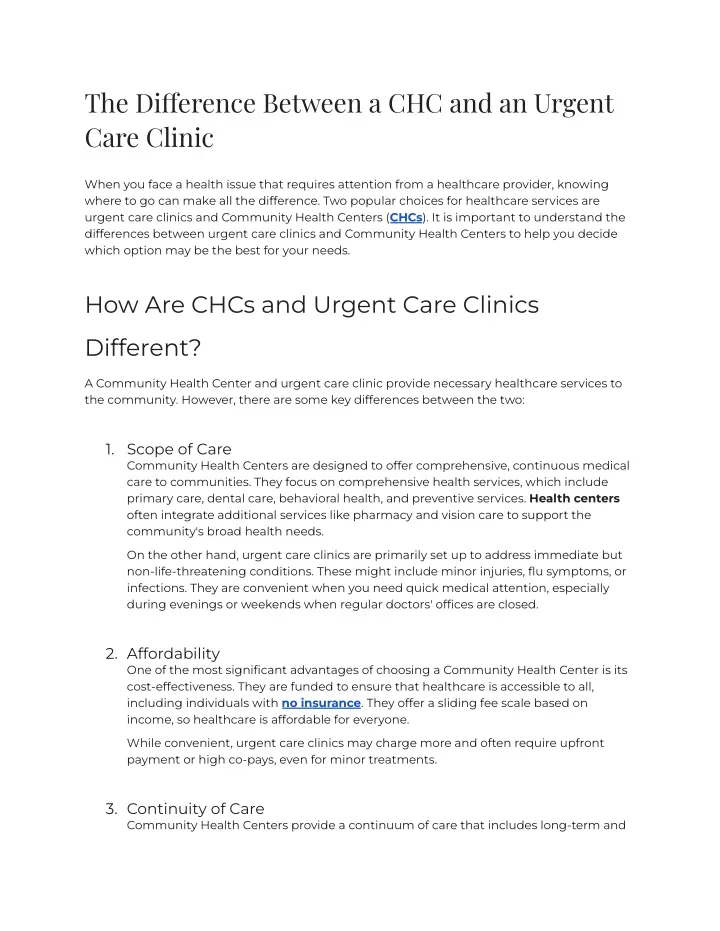 the di erence between a chc and an urgent care