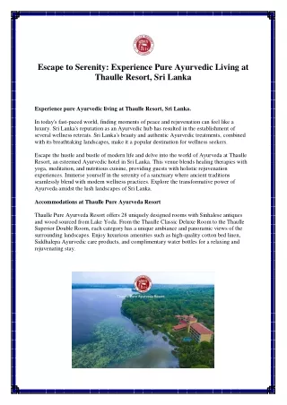 Escape to Serenity Experience Pure Ayurvedic Living at Thaulle Resort, Sri Lanka