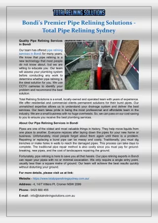 Bondi's Premier Pipe Relining Solutions - Total Pipe Relining Sydney