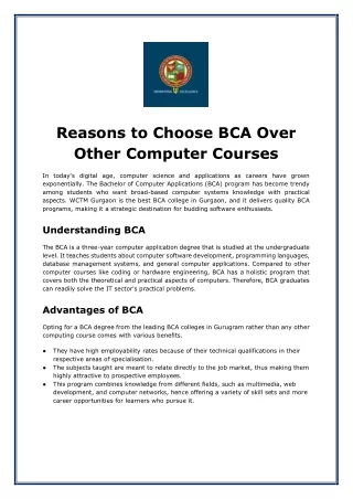 Reasons to Choose BCA Over Other Computer Courses