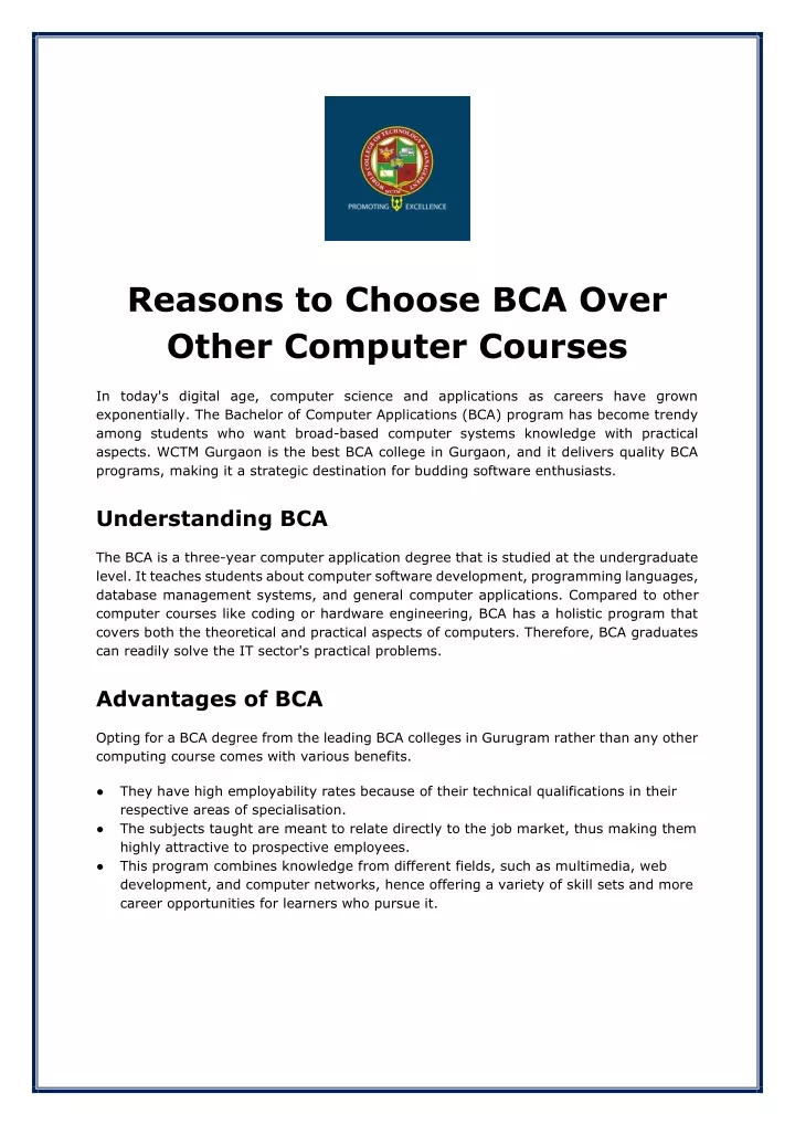 reasons to choose bca over other computer courses