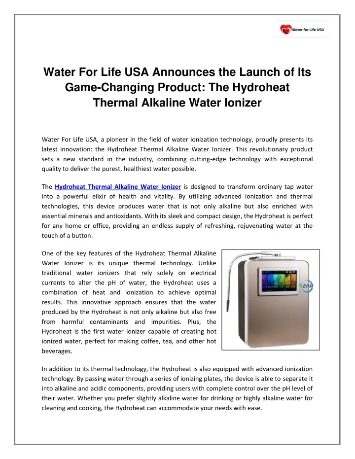 water for life usa announces the launch