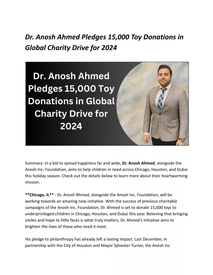 dr anosh ahmed pledges 15 000 toy donations