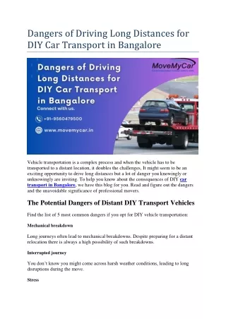 Dangers of Driving Long Distances for DIY Car Transport in Bangalore