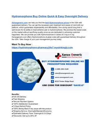 Hydromorphone Buy Online Quick & Easy Overnight Delivery