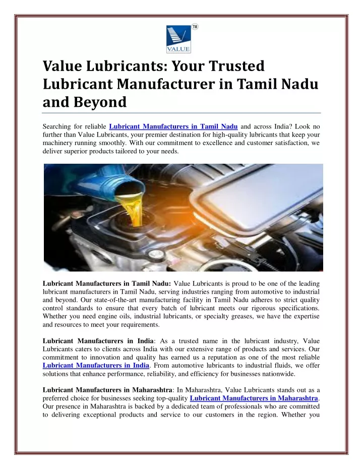 value lubricants your trusted lubricant