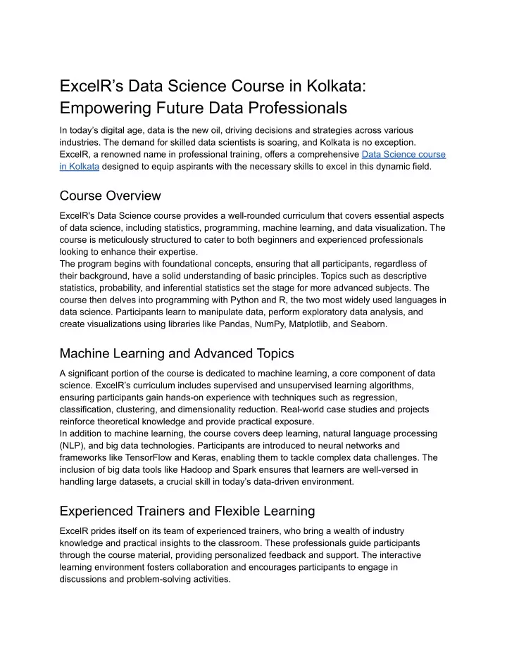 excelr s data science course in kolkata