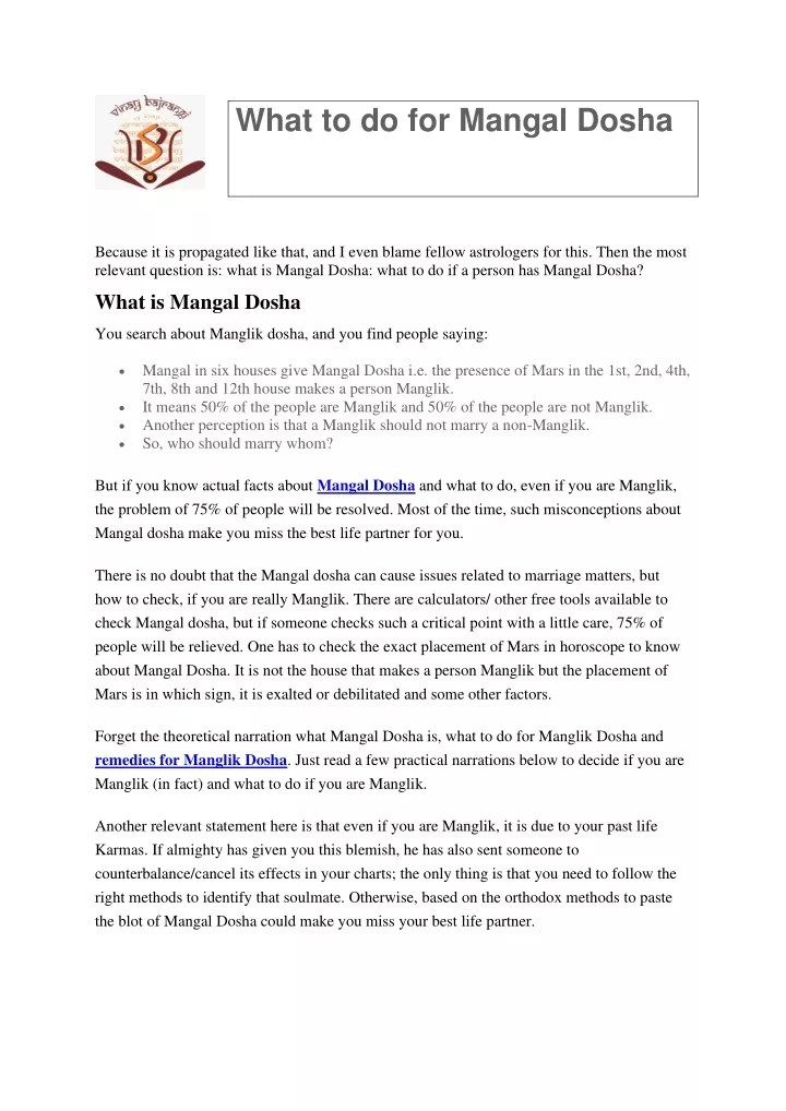 what to do for mangal dosha