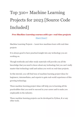 Top 310  Machine Learning Projects for 2023 [Source Code Included]
