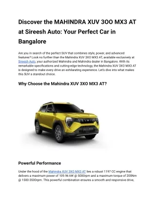 Discover the MAHINDRA XUV 3OO MX3 AT at Sireesh Auto_ Your Perfect Car in Bangalore