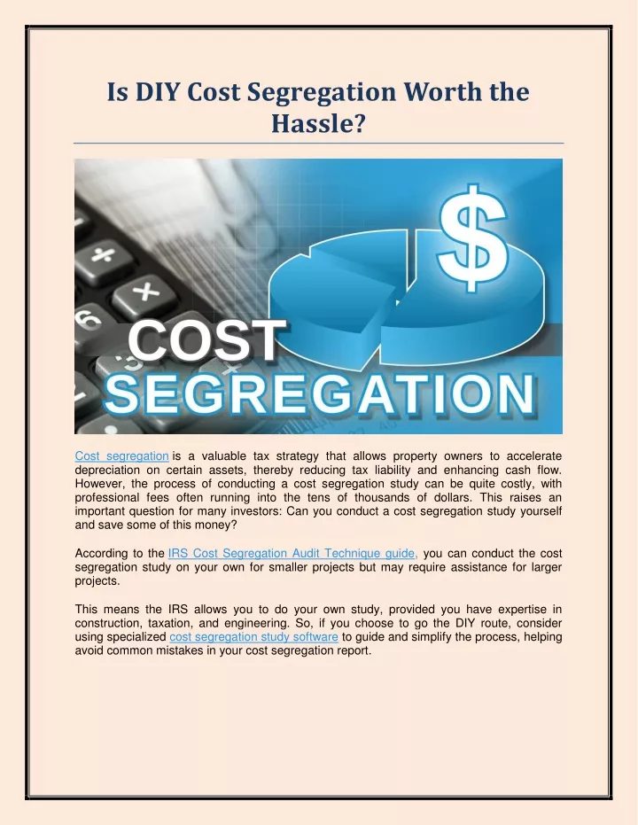 is diy cost segregation worth the hassle