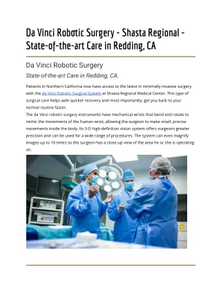 Da Vinci Robotic Surgery - Shasta Regional - State-of-the-art Care in Redding, CA