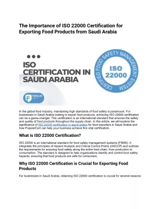 The Importance of ISO 22000 Certification for Exporting Food Products from Saudi Arabia