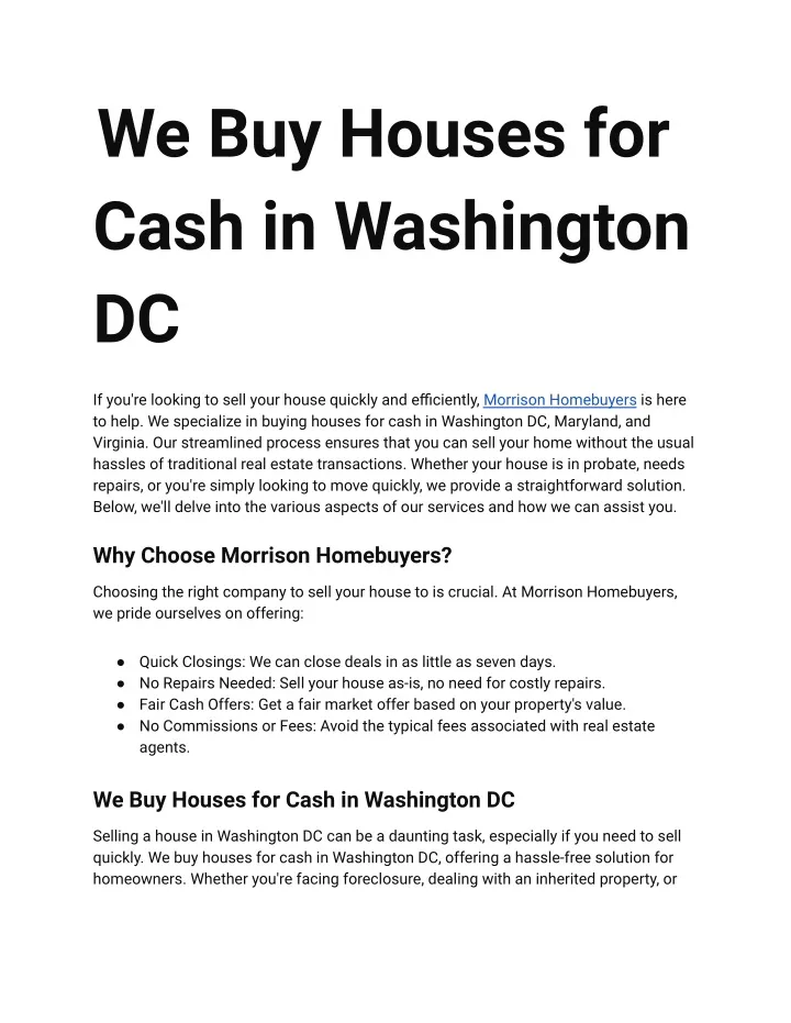 we buy houses for cash in washington dc