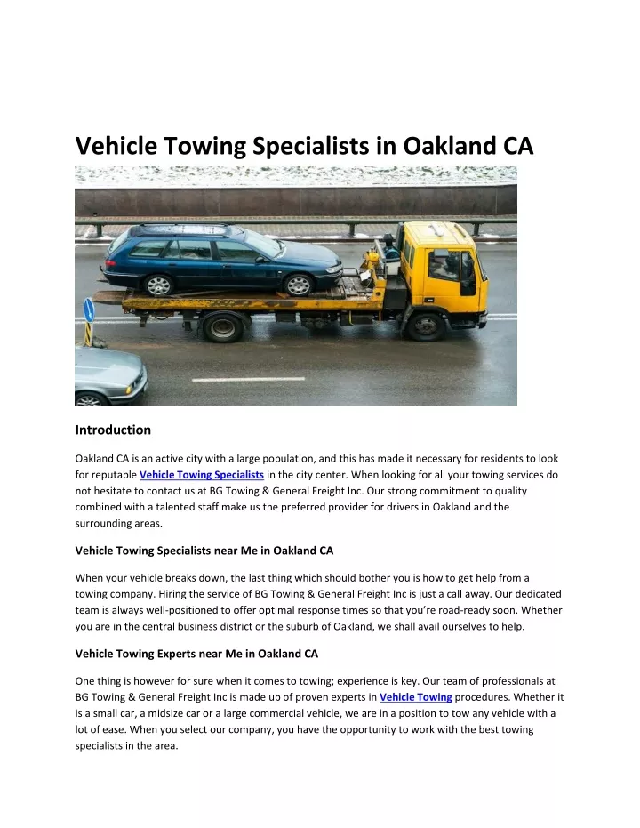 vehicle towing specialists in oakland ca