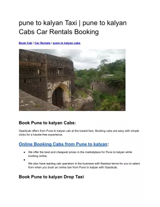 pune to kalyan Taxi | pune to kalyan Cabs Car Rentals Booking