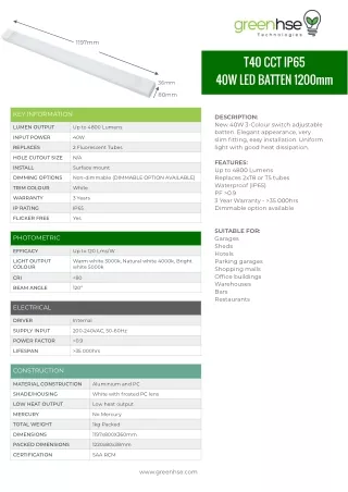 40W CCT Dimmable Batten Fitting by Greenhse Technologies