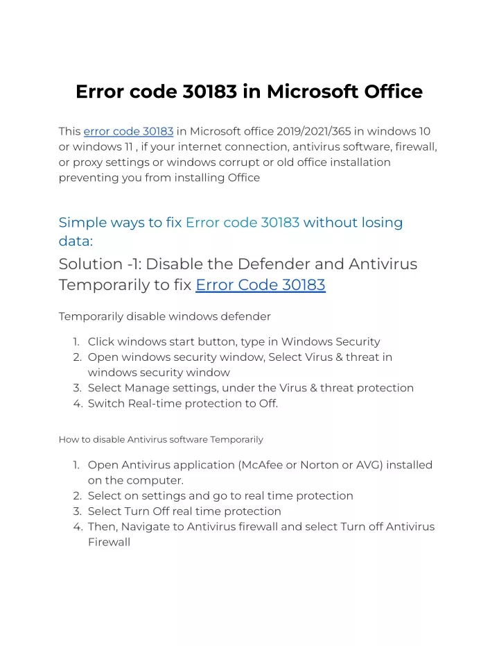 error code 30183 in microsoft office