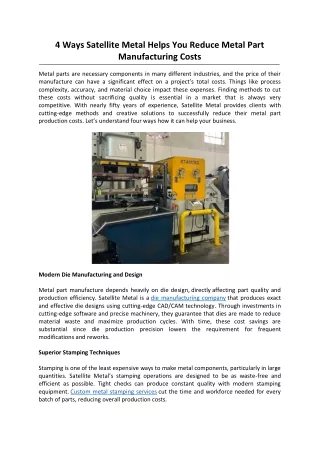 4 Ways Satellite Metal Helps You Reduce Metal Part Manufacturing Costs