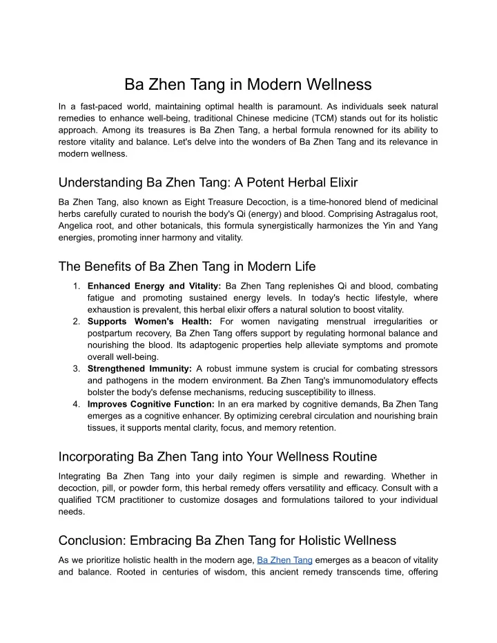 ba zhen tang in modern wellness