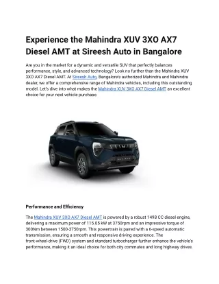 Experience the Mahindra XUV 3OO AX7 Diesel AMT at Sireesh Auto in Bangalore