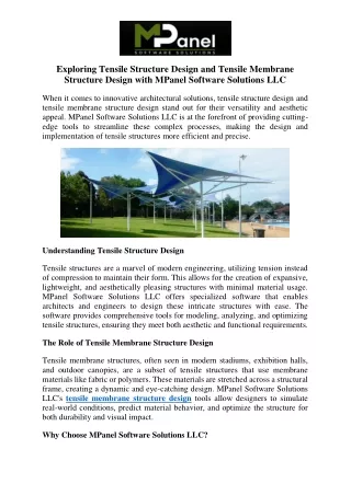 Exploring Tensile Structure Design and Tensile Membrane Structure Design with MPanel Software Solutions LLC