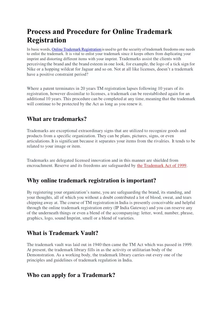 process and procedure for online trademark