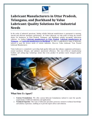 Lubricant Manufacturers in Uttar Pradesh, Telangana, and Jharkhand