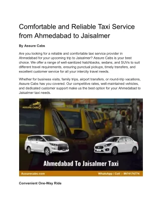 Comfortable and Reliable Taxi Service from Ahmedabad to Jaisalmer