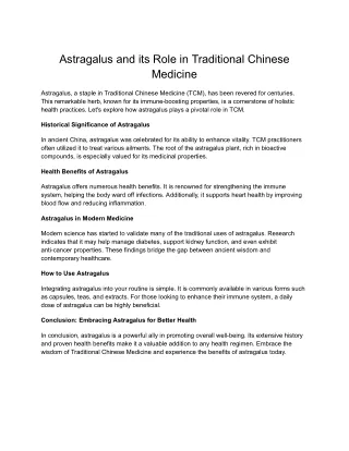 Astragalus and its Role in Traditional Chinese Medicine