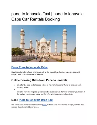 pune to lonavala Taxi | pune to lonavala Cabs Car Rentals Booking