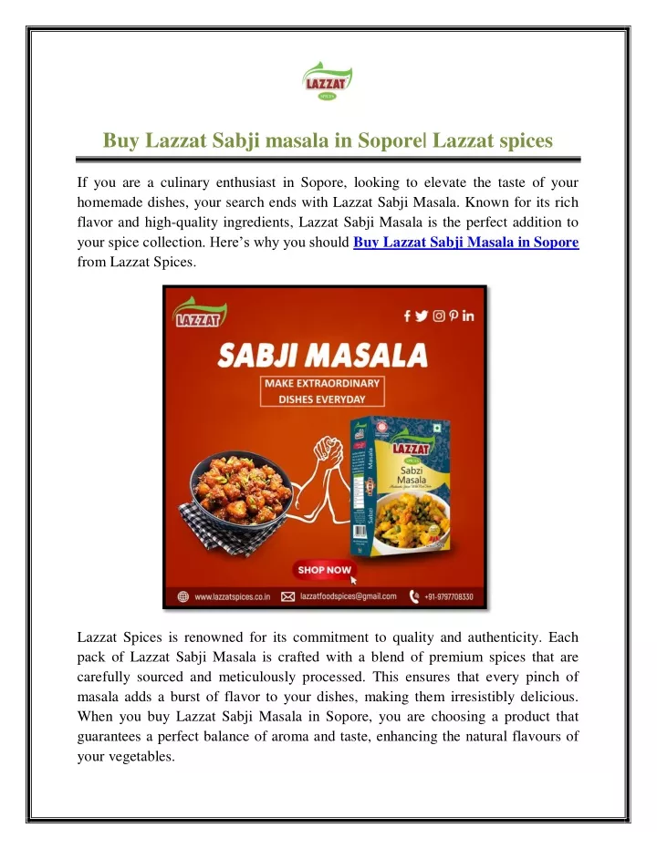 buy lazzat sabji masala in sopore lazzat spices