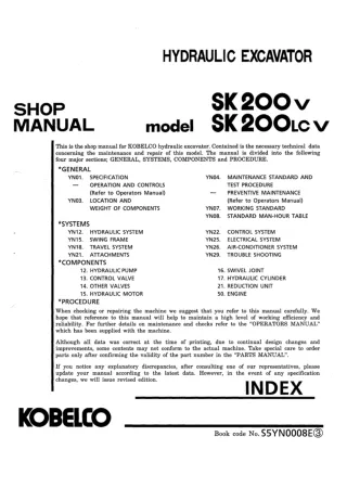 Kobelco SK200 V, SK200LC V Crawler Excavator Service Repair Manual (YN23301 ～)