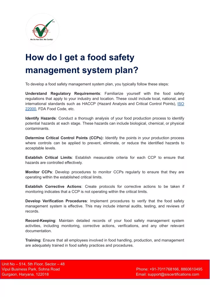 how do i get a food safety management system plan