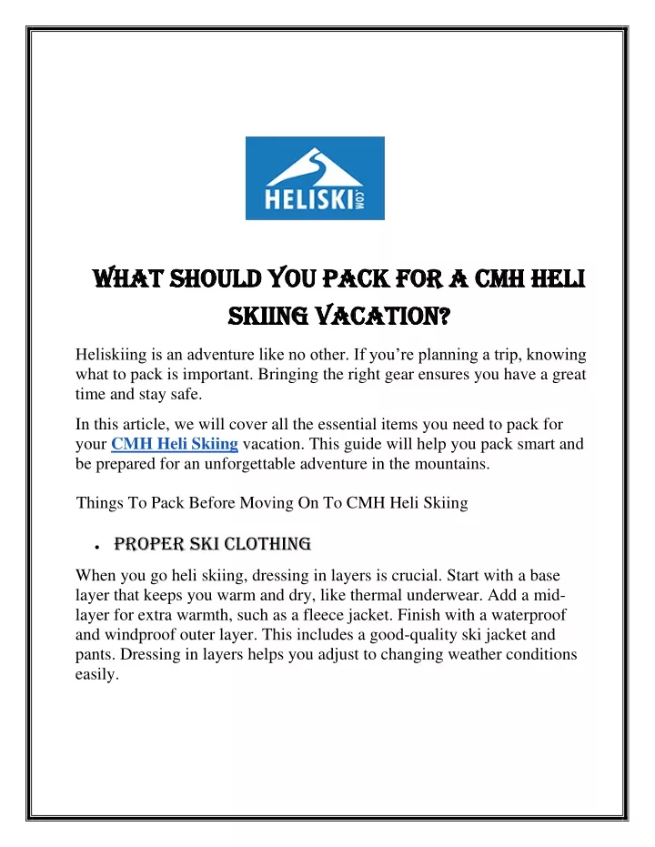 what should you pack for a cmh heli what should