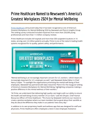 Prime Healthcare Named to Newsweek‘s America’s Greatest Workplaces 2024 for Mental Wellbeing