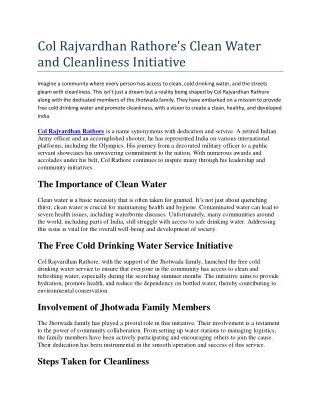 Col Rajvardhan Rathore's Clean Water and Cleanliness Initiative