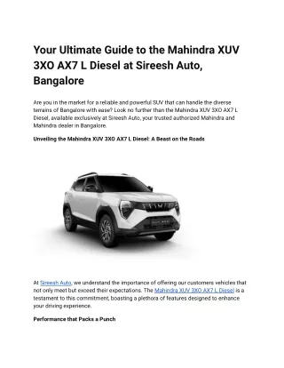 Your Ultimate Guide to the Mahindra XUV 3XO AX7 L Diesel at Sireesh Auto, Bangalore