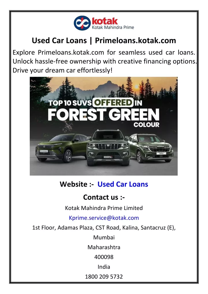 used car loans primeloans kotak com