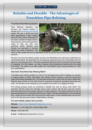 Reliable and Durable - The Advantages of Trenchless Pipe Relining
