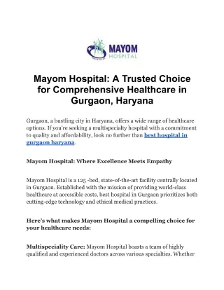Mayom Hospital A Trusted Choice for Comprehensive Healthcare in Gurgaon, Haryana