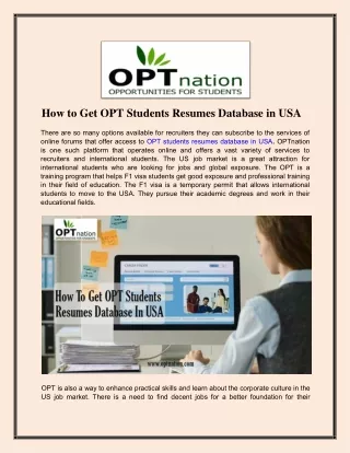 Grab OPT Students Resumes Database USA