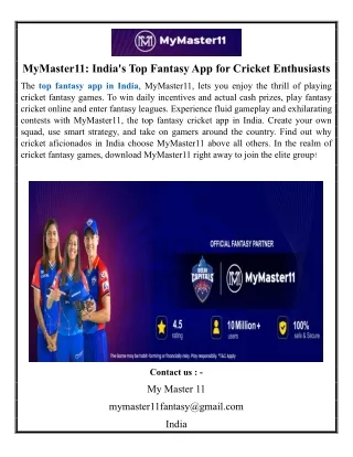 MyMaster11 India's Top Fantasy App for Cricket Enthusiasts