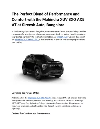 The Perfect Blend of Performance and Comfort with the Mahindra XUV 3XO AX5 AT at Sireesh Auto, Bangalore