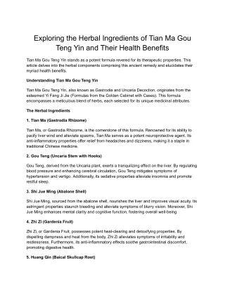 Exploring the Herbal Ingredients of Tian Ma Gou Teng Yin and Their Health Benefits