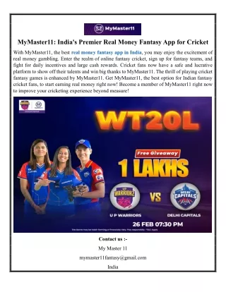 MyMaster11 India's Premier Real Money Fantasy App for Cricket