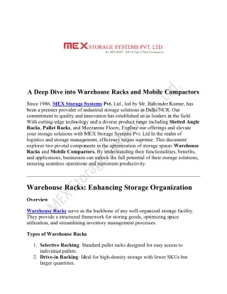 A Deep Dive into Warehouse Racks and Mobile Compactors